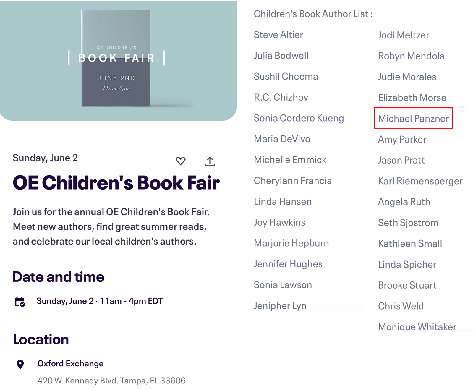 Michael Panzner will be at the Oxford Exchange Children's Book Fair on June 2, 2024.